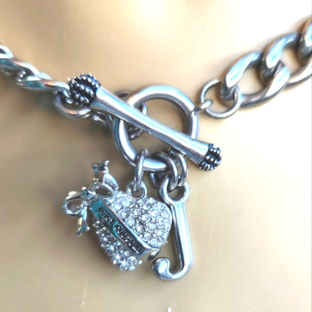 Y2k JUICY Couture Chain Bow Banner Love Heart Toggle Silver Necklace Choker 16"